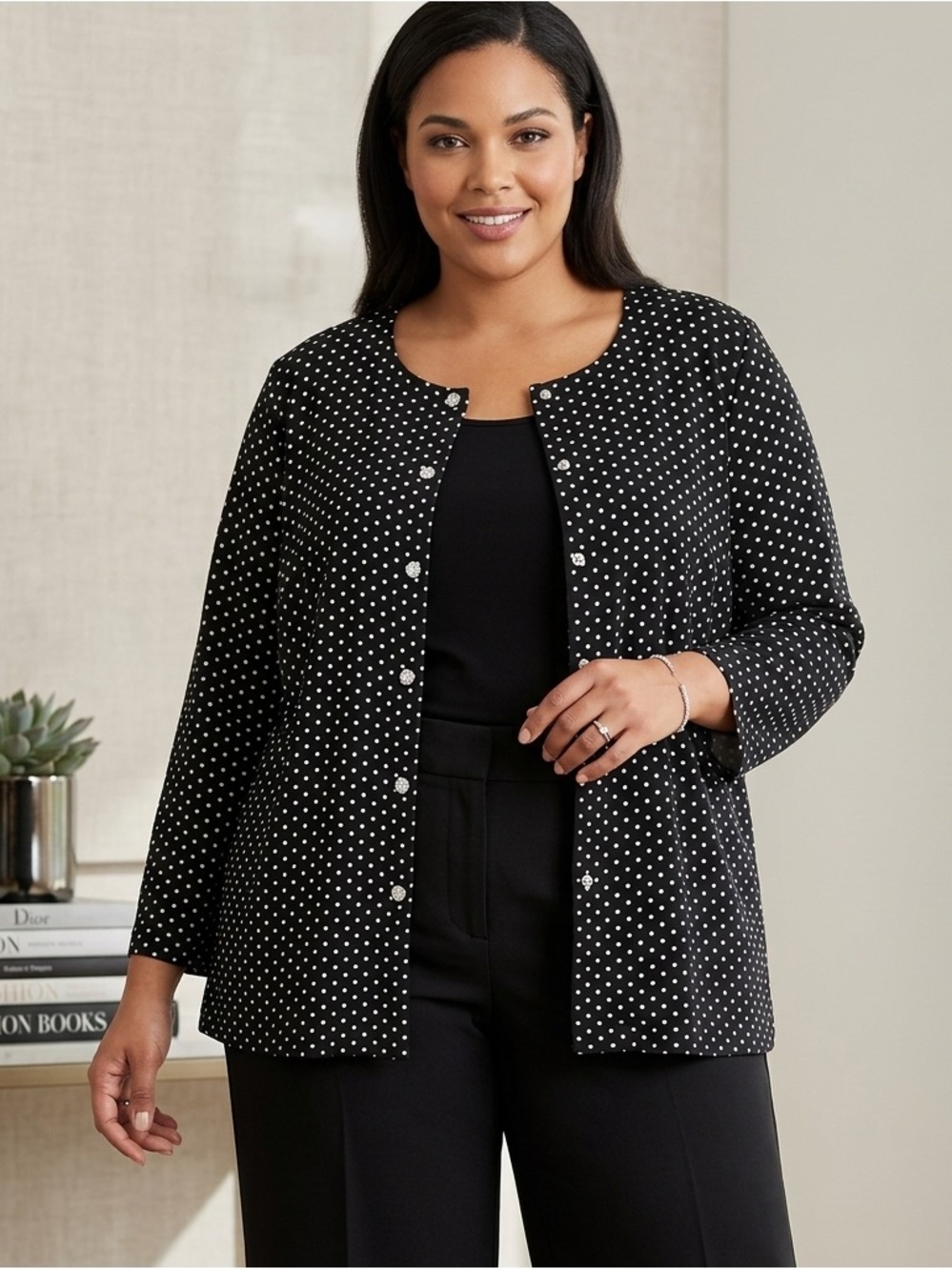 Quacker Factory Black Polka Dot bling tunic jacket Top